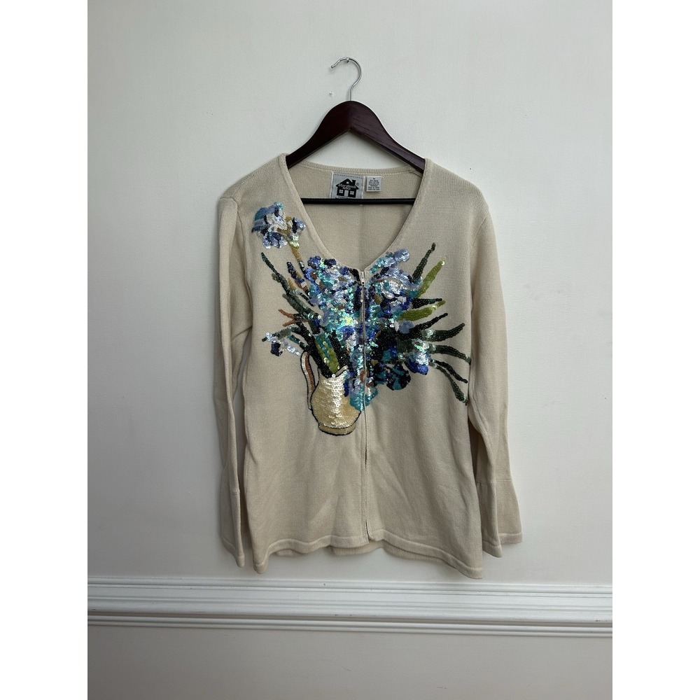 Storybook‎ Knits Cardigan Sweater Women's M Ivory Floral Sequin Bouquet